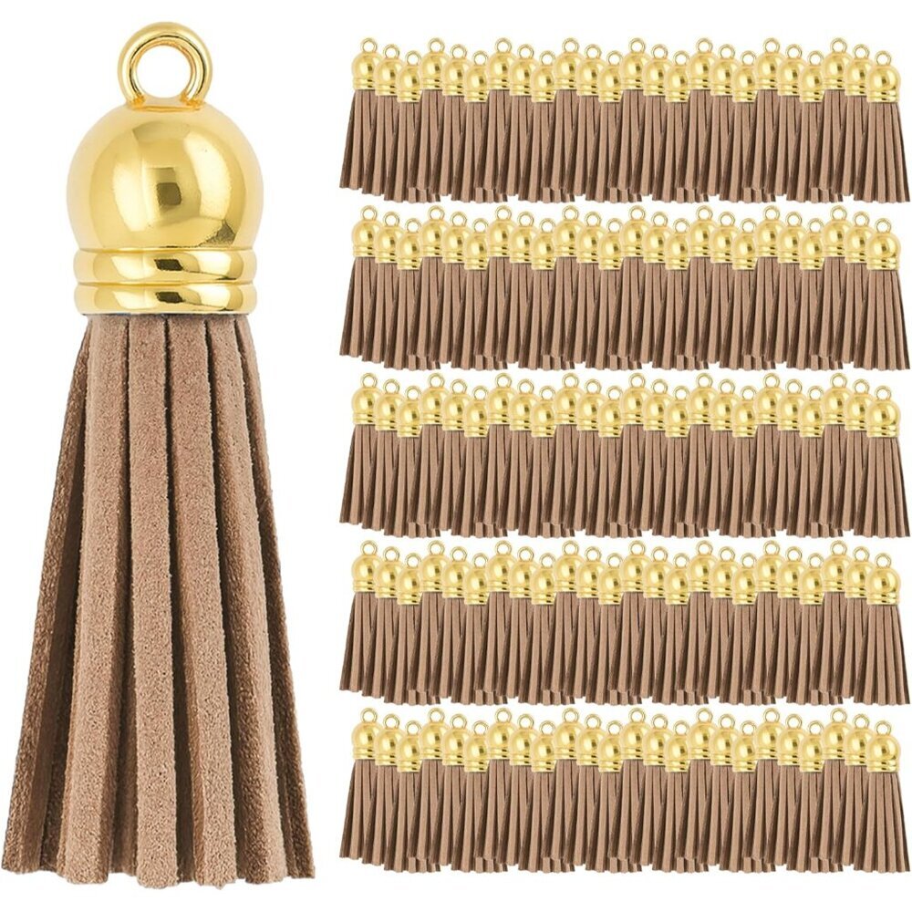 100 Pcs Gold Cap Tan Faux Suede Tassels Bulk Keychain Making Supplies - Small Le